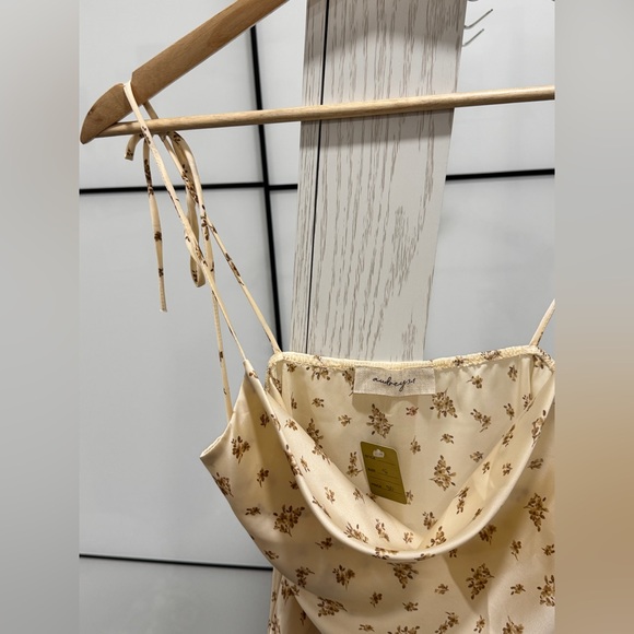 Brand New Champagne Beige Floral Cowl Neck Satin Slip Mini Dress Sleeveless - Picture 3 of 11